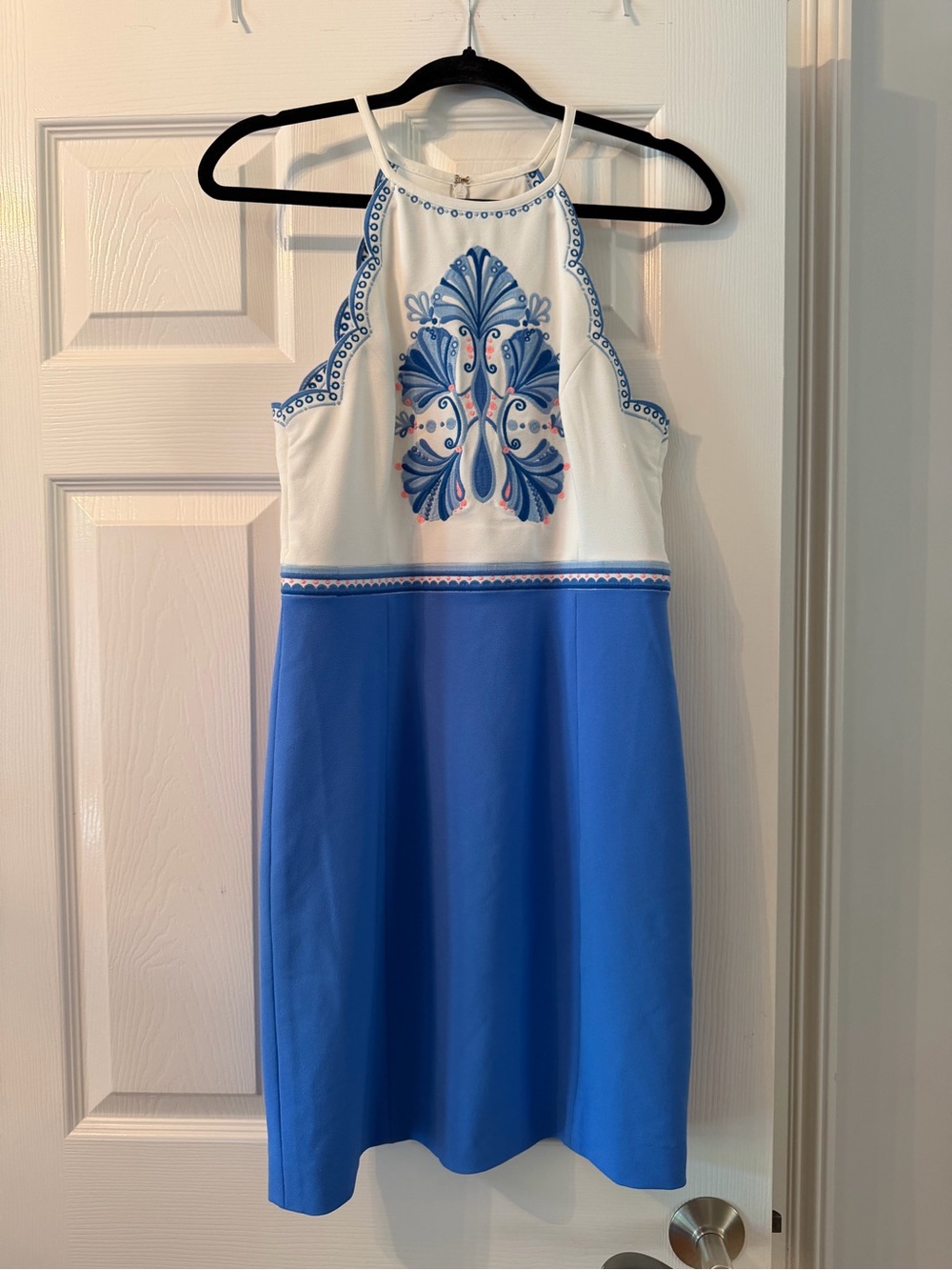 Lilly Pulitzer White and Royal Blue Embroidered Halter Midi Dress